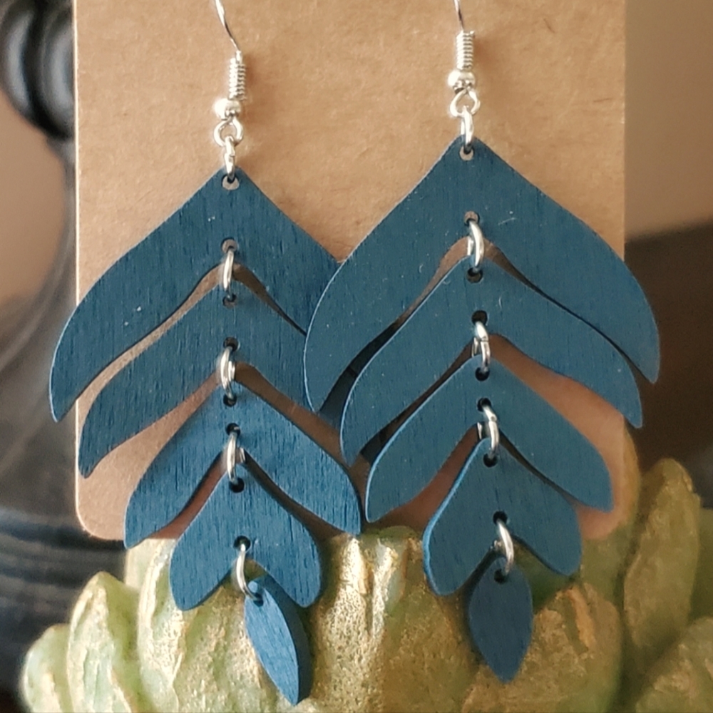 Blue Wooden Leaf Drop Earrings